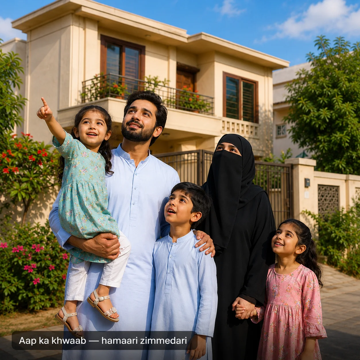 Family looking at their new home